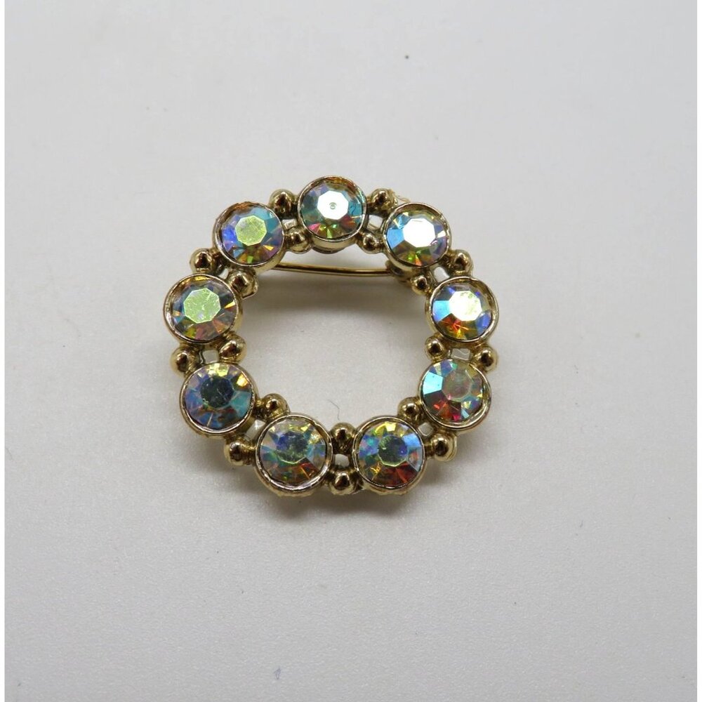 Vintage Brooch Aurora Borealis Crystal Circle Brooch Gold‎ Tone Pin - Picture 4 of 13